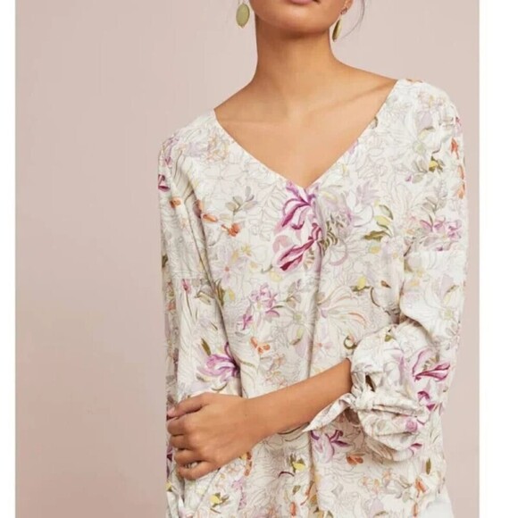 ANTHROPOLOGIE Maeve Cream Pink Floral Print Balloon Sleeve Tie Blouse Size XS - Picture 2 of 9